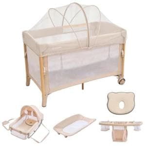 GU MODE ベビーベッド 多機能プレイヤード ベージュ（ゆりかご蚊帳付き）