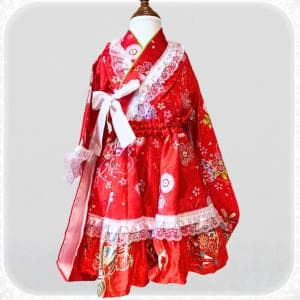 【1-2歳向け】おめかし赤着物ドレス♪ レース＆リボン（100cm）【Hare.dress-KI】