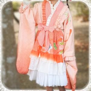 【ハーフ成人式・卒業式に】世界に一つだけ♪ 振袖リメイクの簡単着物ドレス（140-150cm）【Hare.dress-TE】
