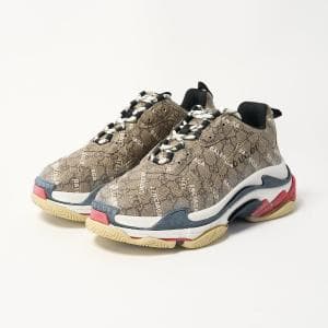 バレンシアガ×グッチ/BALENCIAGA×GUCCI スニーカー ザ ハッカープロジェクト ベージュ 43サイズ 28.5cm 681066　ロゴプリントが印象的な総柄スニーカー